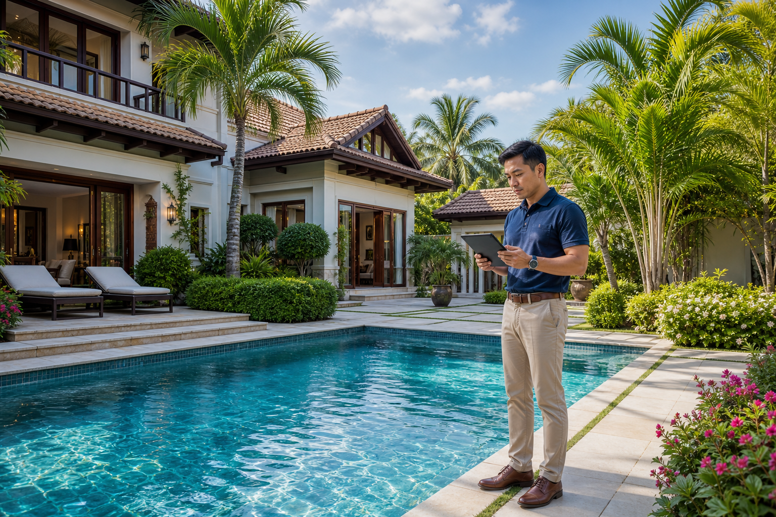 Check-list bảo trì và quản lý cơ sở vật chất villa (hồ bơi, sân vườn) không bị xuống cấp. cho villa homestyle có hồ bơi xanh sạch và sân vườn được chăm sóc chuyên nghiệp