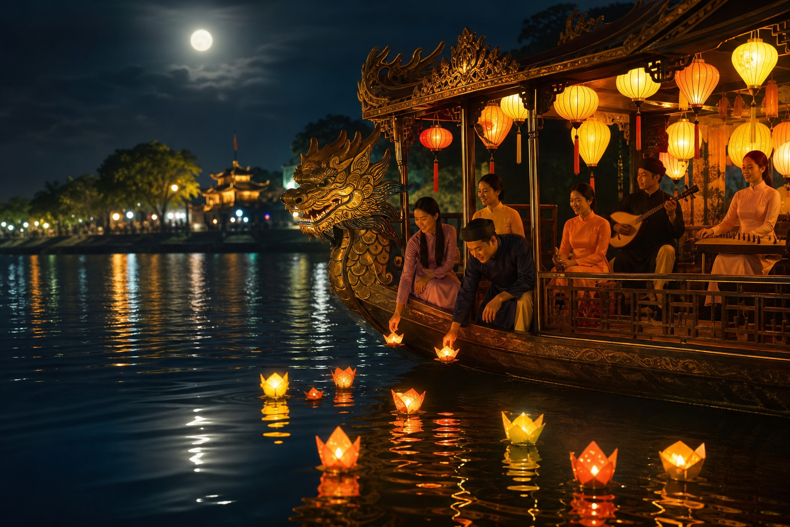 đi du thuyền sông Hương nghe ca Huế và thả hoa đăng lãng mạn về đêm tại Huế